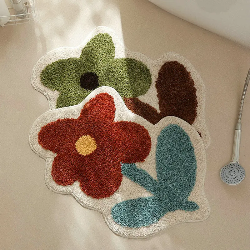 INS Floral Tufted Rug Bath Mat Soft Plush Carpet for Bedroom Entrance Area Floor Pad Mat Doormat Tidy Aesthetic Home Decor