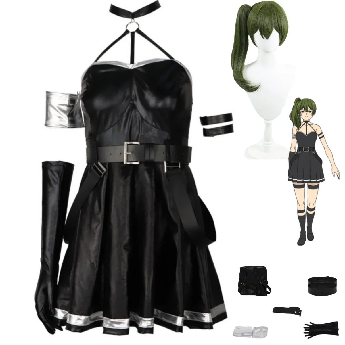 

2025 Anime Frieren: Beyond Journey's End Ubel Cosplay Costume Black Sleeveless PU Dress Wig Adult Woman Sexy Carnival Party Suit
