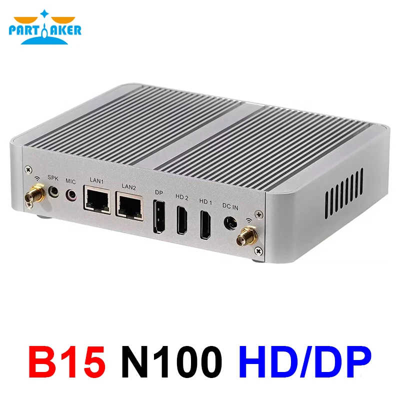 Partaker Fanless Mini PC Alder Lake-N Intel Core N100 Windows 11 Pro HTPC 2 x LAN 1 x DP 2 x HDMI WiFi Desktop Computer