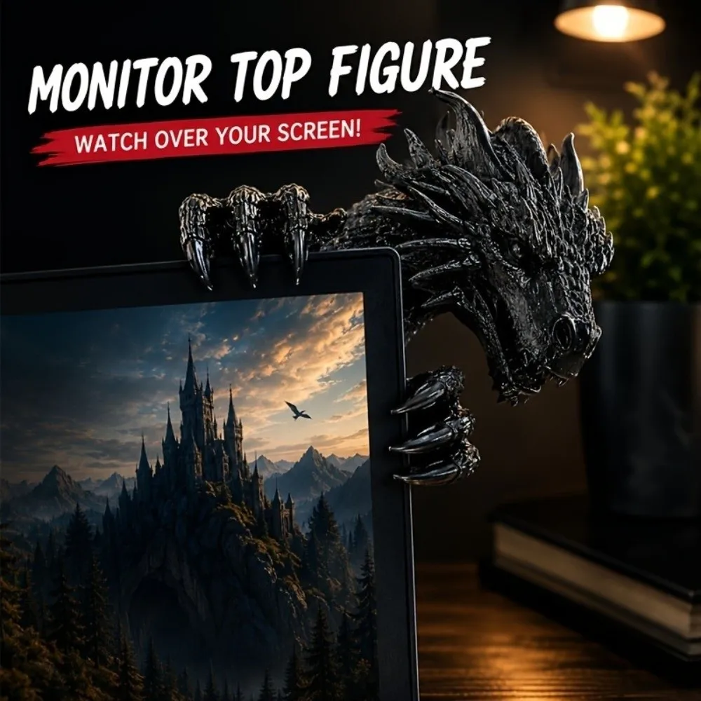 3D Printed Dragon Monitor Clip Figurine Simulated Scales Wear-Resistant Dragon Gamer Desk Statue No Adhesive Gothic Style