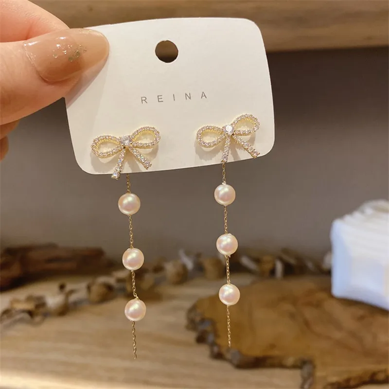 2023 Korean Fashion New Earrings Punk Girl French Bow Tassels Small Crowd Design Sense High Quality Pearl Earrings Pendientes
