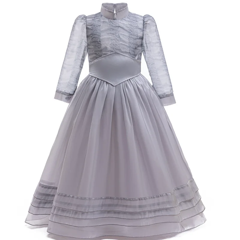 

Girls Long-sleeved Gray Stand-up Collar Dress Makeup Princess Costume Cosplay Stage Performance Movie Same Party Dress Dress