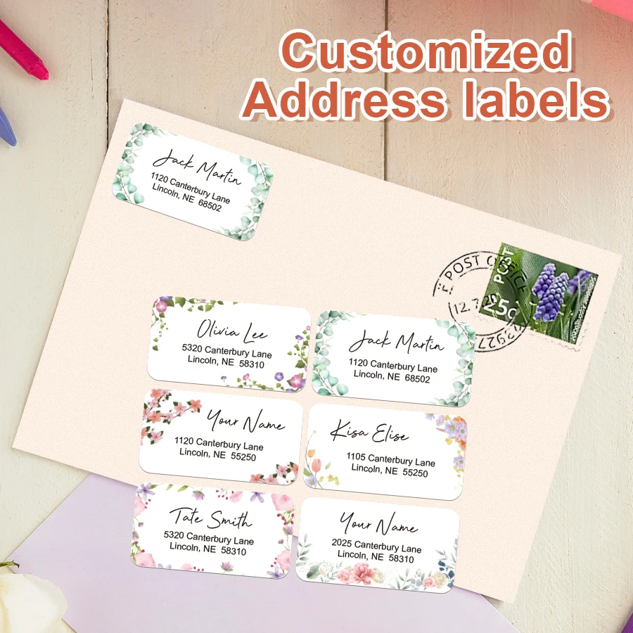 

‌ Персонализированные цветочные почтовые адресные этикетки — пользовательские наклейки для свадьбы/бизнеса/почтий, самоклеящиеся и пригодные для вторичной переработки