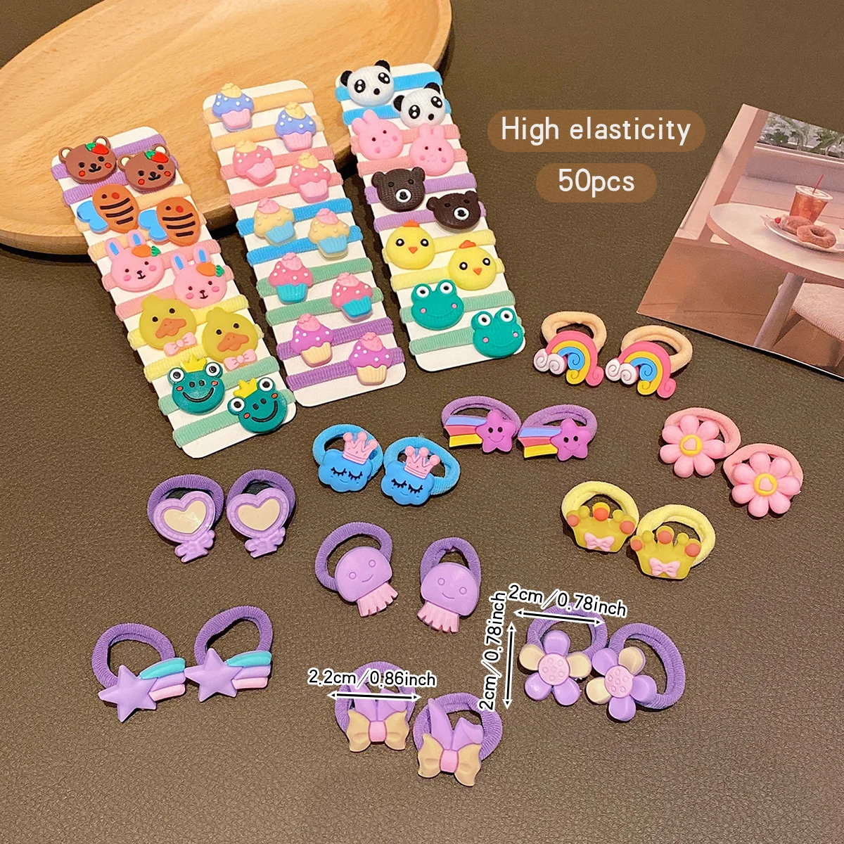 50 colorful styles of random cartoon cute rubber bands suitable for daily use hair rings