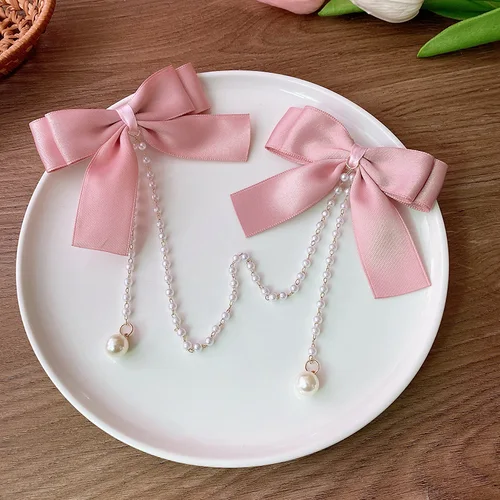 Imagen 2 del producto Pinza para el pelo con lazo y cadena de perlas rosas para mujer y niño, horquillas para la cabeza, accesorios para el cabello para niña, Estilo Princesa dulce