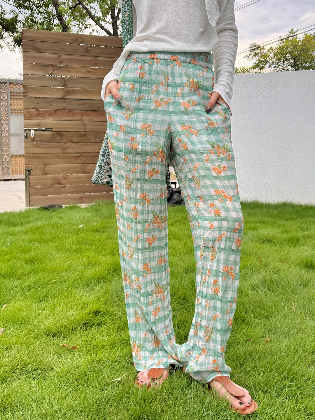 

Brand MOMENTPLAY Printed Long Pants Casual Sle l Waist Elastic Hem Polyester Fiber Straight Leg Pants