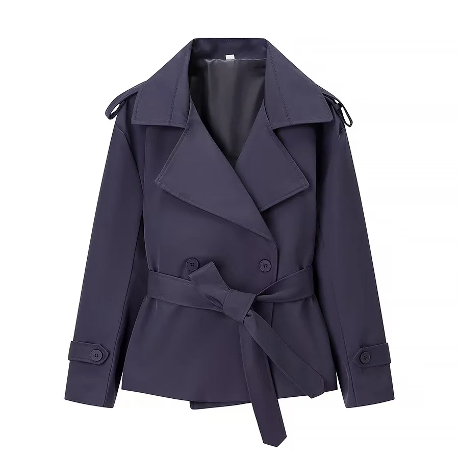 Women Short Trench Coat Lapel Double Breasted Belted Waist Slim Windbreaker Long Sleeve Casual Outdoor Jacket