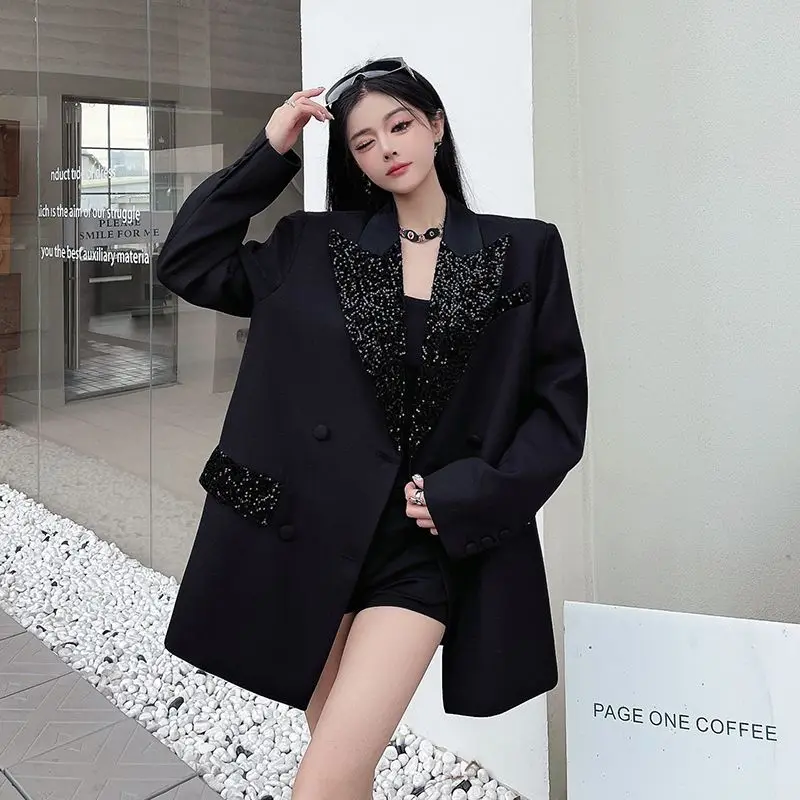2026 New Woman Long-sleeved Casual All-Match Blazer Women's Jacket High-Quality Velvet Sequins Acetic Acid Splicing Suit Jacket