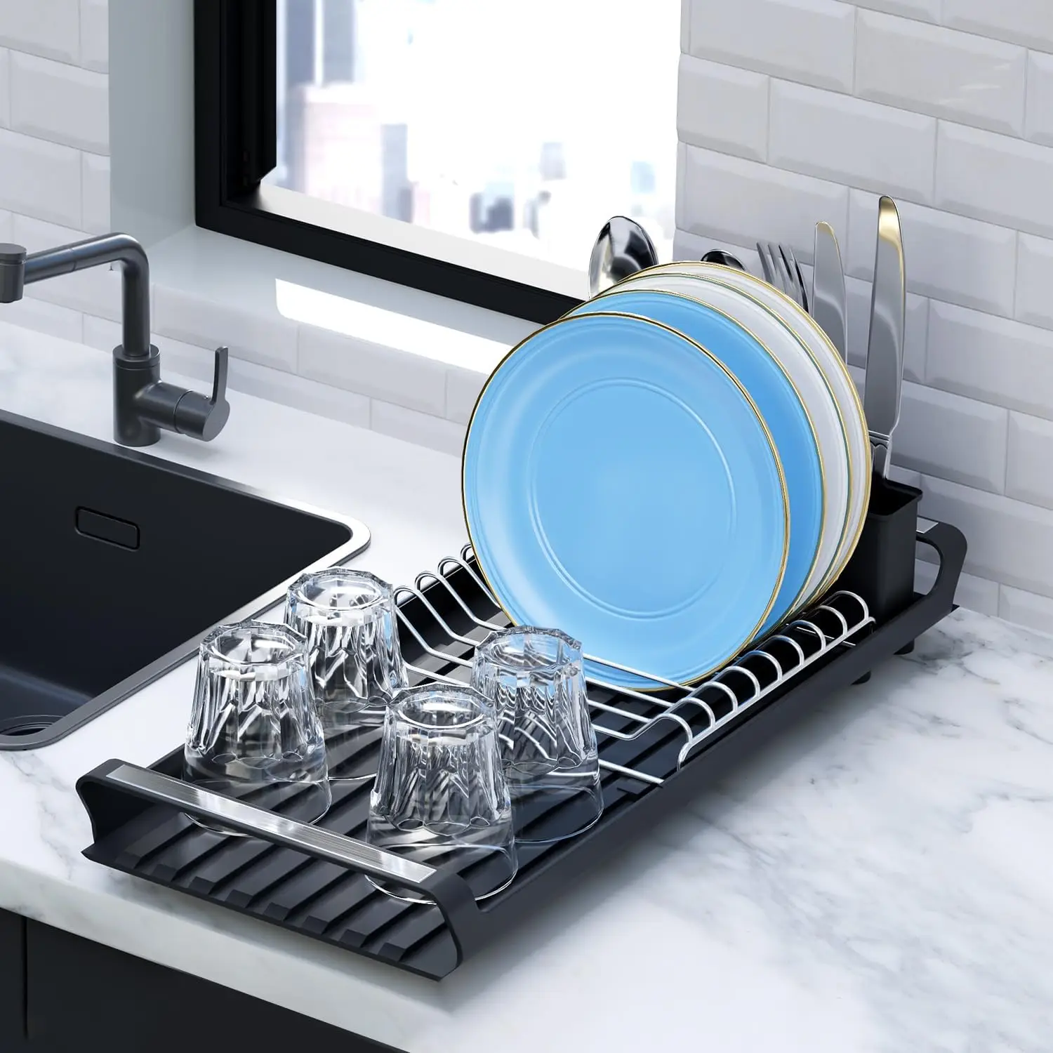 1pcs Expandable Small Dish Drying Rack Dish Racks for Kitchen Counter Dish Drainer with Removable Cutlery Holder