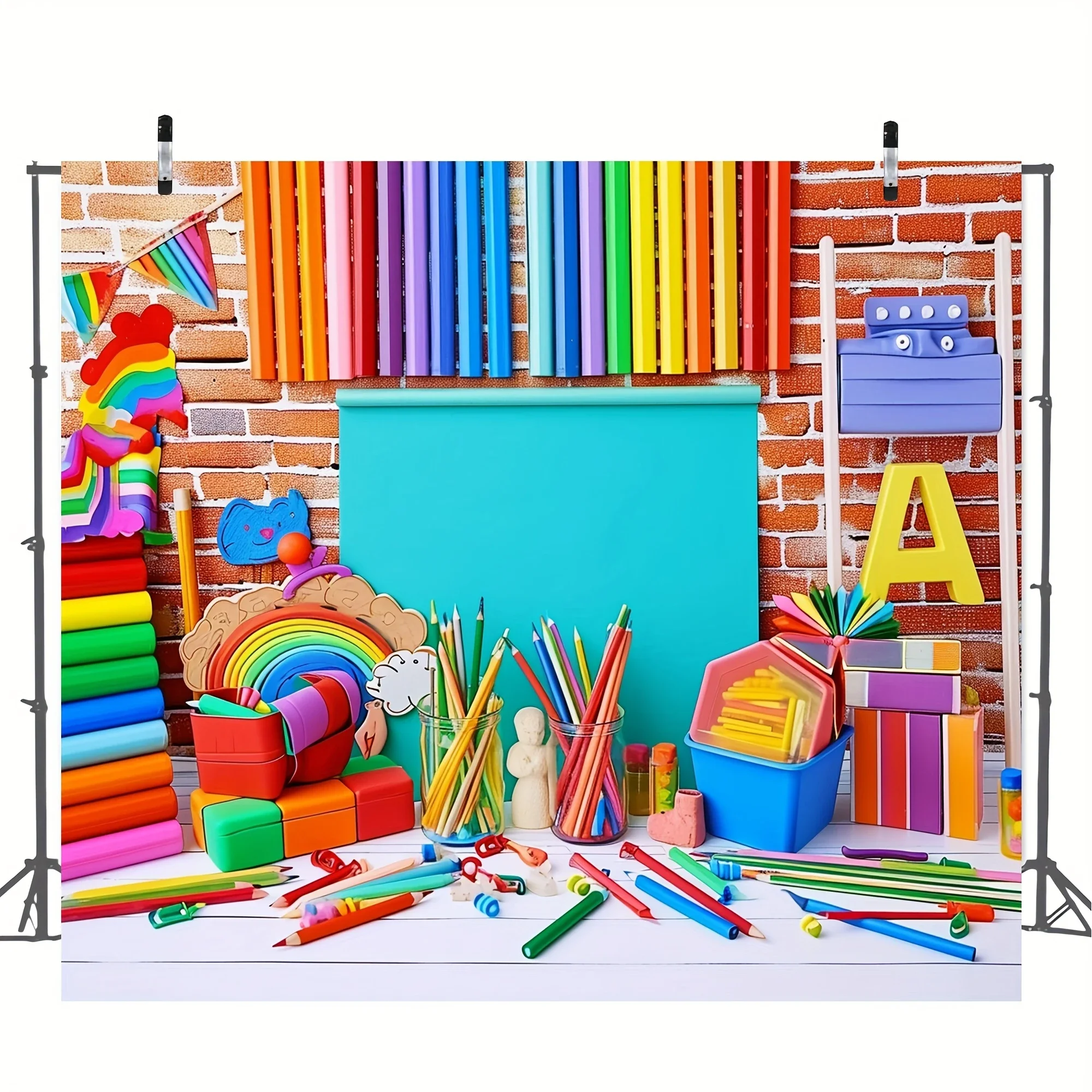 Red brick walls, colored letter classrooms, books, pencils, photo studios, background videos, party decorations