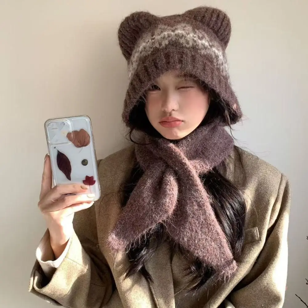 لطيف معرض جزيرة نمط الجاكار محبوك قبعة الصوف مبطن العرقية نمط الطباعة قبعة متماسكة الكورية لطيف الدب آذان بيني الخريف #4