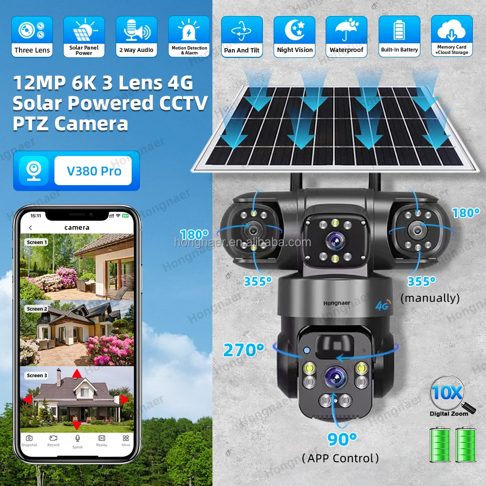 

2025 hot sale Hongnaer 3 Lens 4G 6K Wireless Solar Powered IP PTZ Surveil V380 Pro 12MP Outdoor Security 4G Sim Card CCTV