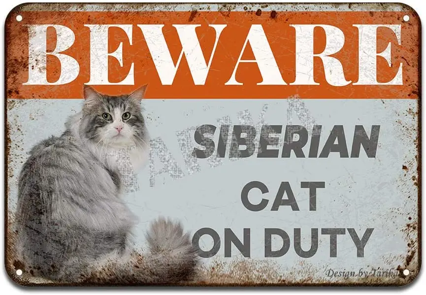 Beware Siberian Cat On Duty Iron Poster Painting Tin Sign Vintage Wall Decor for Cafe Bar Pub Home Beer Decoration Crafts