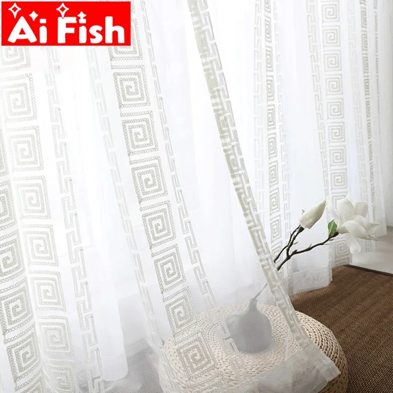 Chinese Classical Curtain Fabrics White Embroidery Thread Geometric Window Screen Organza Living Room Tulle Curtains Drapes #40