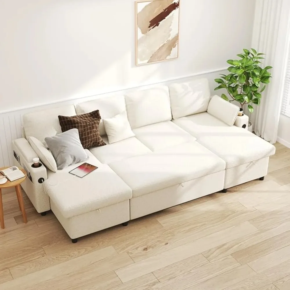 

104.3'' U shape Sofa Bed Pull Out Couch Sleeper w/ Double Storage Chaise, U Shaped Convertible Sectional Sleeper Sofa