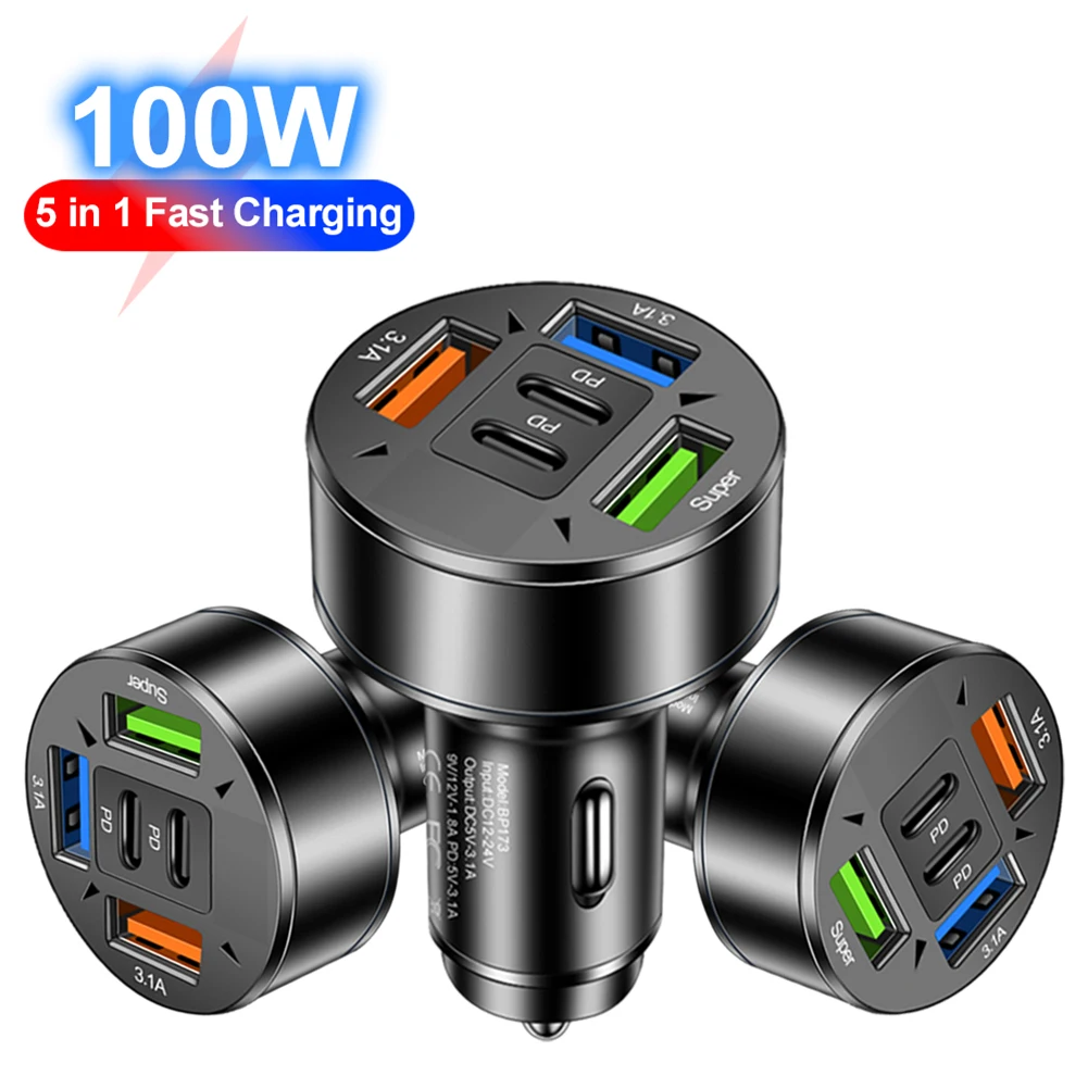 Road Trip Charging 5 Ports Charger Multi-device Charger Fast Charging Car Adapter For Road Trips Car Charger 4*4*6cm