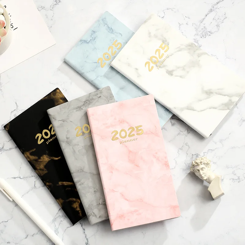 2025 A6 English Schedule Notebook Marble Pattern Note Book 365 Day Time Management Daily Plan Leather Surface Stationery Books