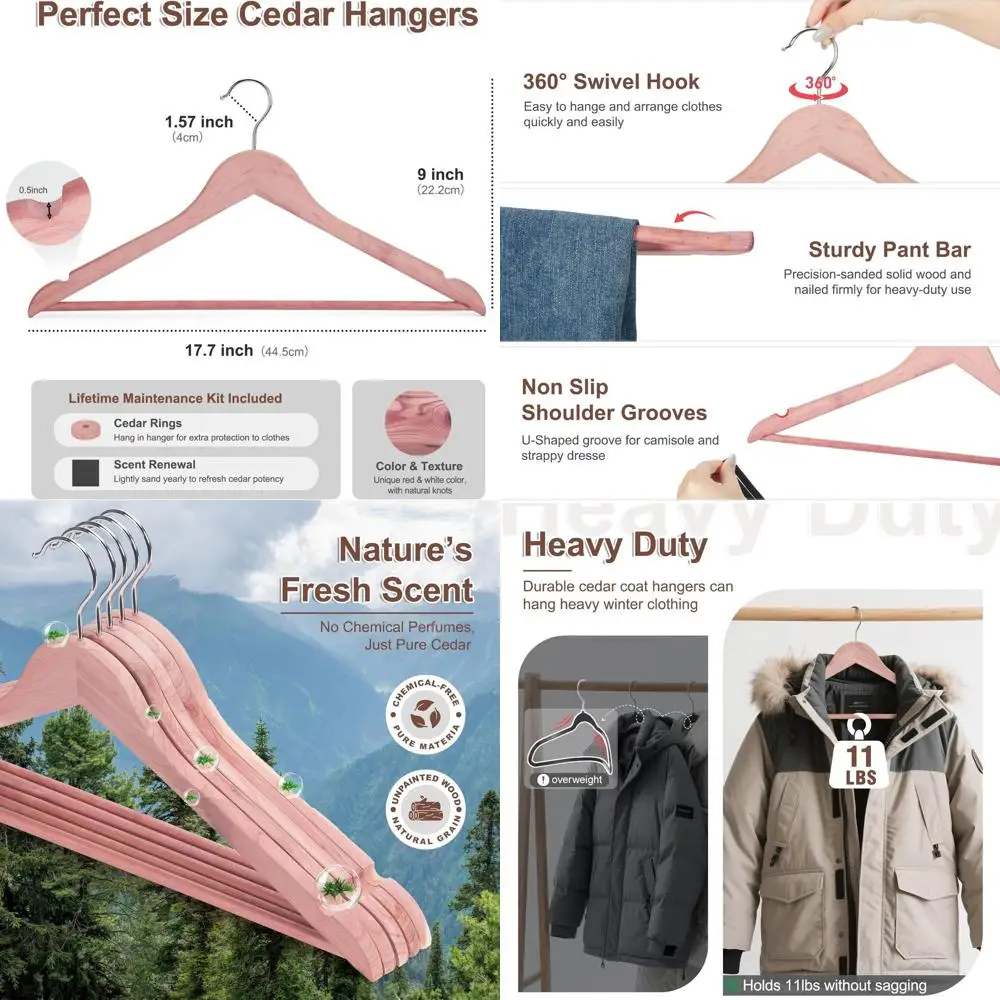 

Cedar Wood Hangers 30 Pack - U-Shaped Notched with 360° Swivel Hook, Non-Slip Pant Bar for Coats, Dresses, Suits