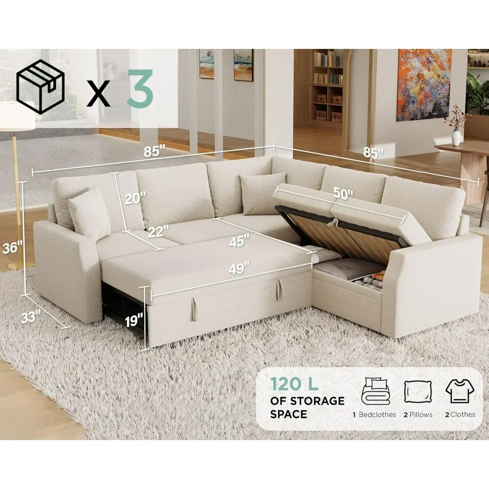 Sofa Bed, 85 Inch Sleeper Sofa with Pull Out Bed & Storage Seat, Reversible L Shape Sectional Couch for Living Room Apartment