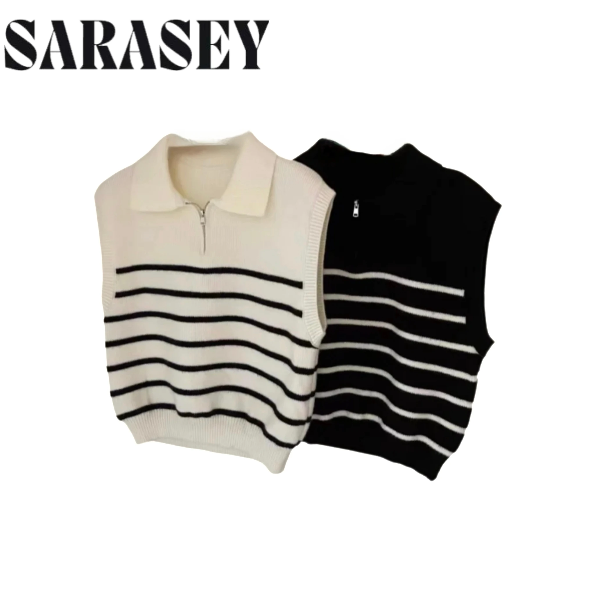 Chaleco de punto a rayas con cremallera de solapa Retro para mujer Otoño Invierno coreano nuevo prendas de vestir exteriores suéter sin mangas chaleco Jersey casual 