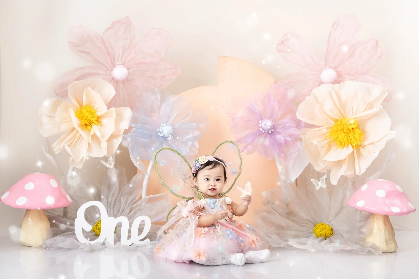 Fairy Pastel Organza Flower Mushroom Birthday Cake Smash Backdrop Baby Girl Newborn Photography Background view 3