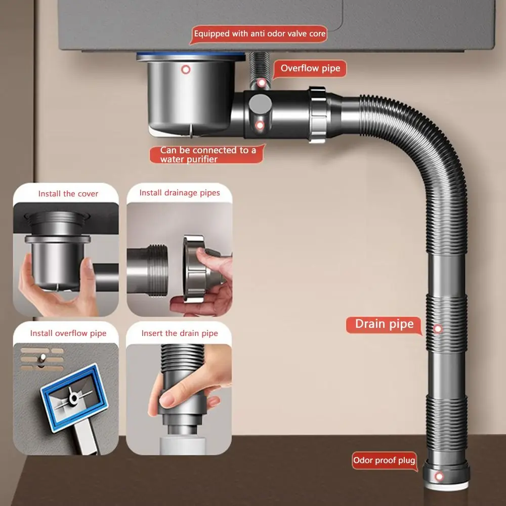 

Anti Odor Sink Drainage Pipe Anti Clogging Easy Installation Drain Pipe Set Flexible Design Extension Set Retractable Downspout