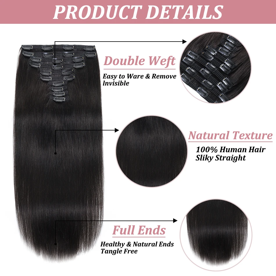 Extensiones de cabello humano con Clip para mujer, 240 gramos, doble trama, liso, 100% Remy, Ruso