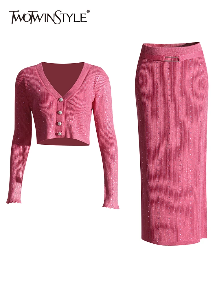 

TWOTWINSTYLE Elegant Two Piece Sets For Women V Neck Long Sleeve Tops High Waist Skirt Slimming Temperament Set Female Clothing