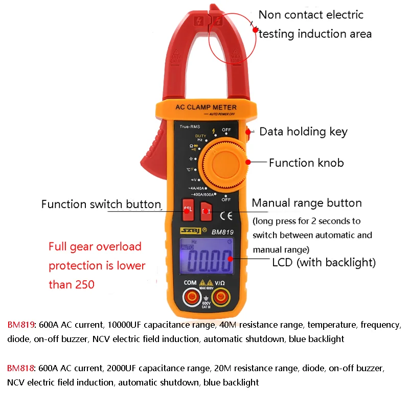 BM818 BM819 Ammeter ACV/DCV ACA Auto Range Measurement of large capacitance NCV Digital clamp meter