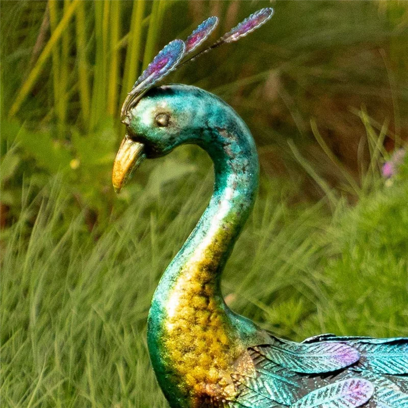 AEE6-1 قطعة تمثال الطاووس المعدني متعدد الألوان تمثال الطاووس المعدني في الهواء الطلق حديقة ، فناء ، سطح السفينة ، الشرفة ساحة الفن الديكور مع