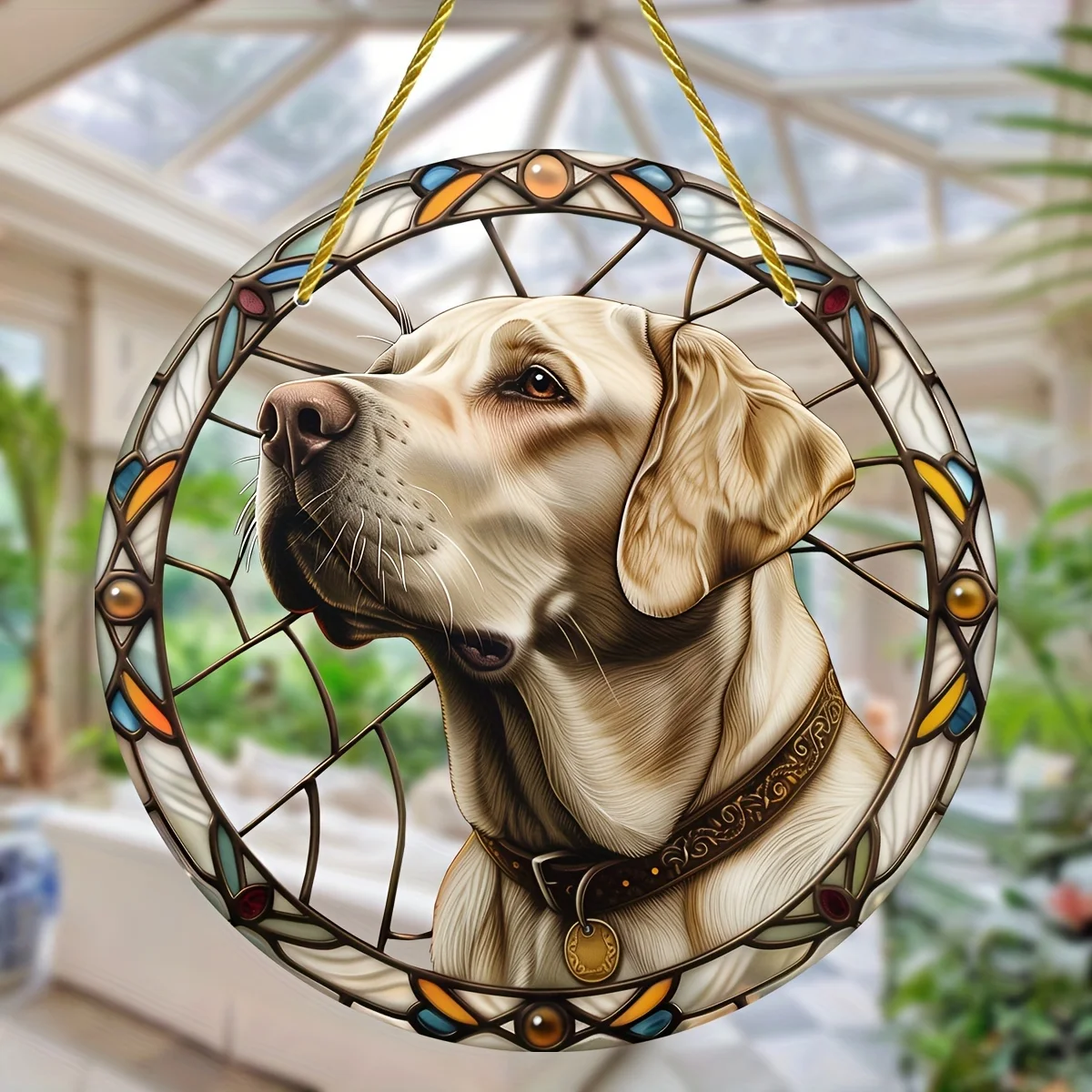 Labrador Retriever Stained Glass Window Hanging Suncatcher,Round Acrylic Sign,Wreath Accent,Home,Patio Garden Bedroom Decor