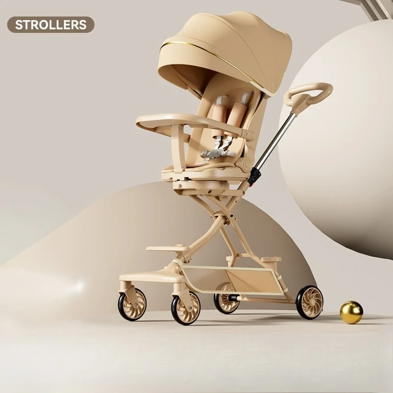 Reversible High Landscape Baby Stroller 3 in 1 Toddler Wagon Lie Flat Sit Up Portable Folding Detachable Tray Dining Chair Use