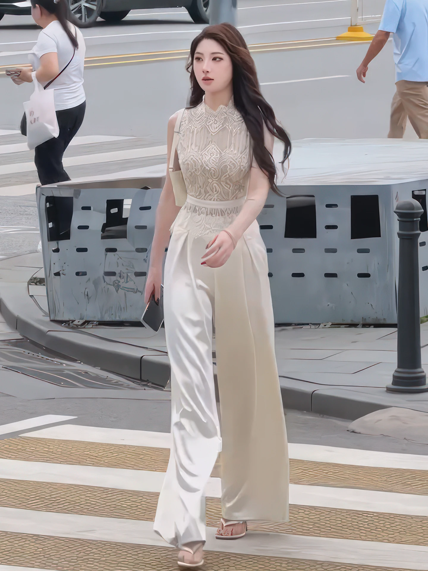 

Faionable кружевной ажурный жилет, широкие брюки, комплект из двух предметов для женщин, Ele Sensation, лето 2025, Новое поступление