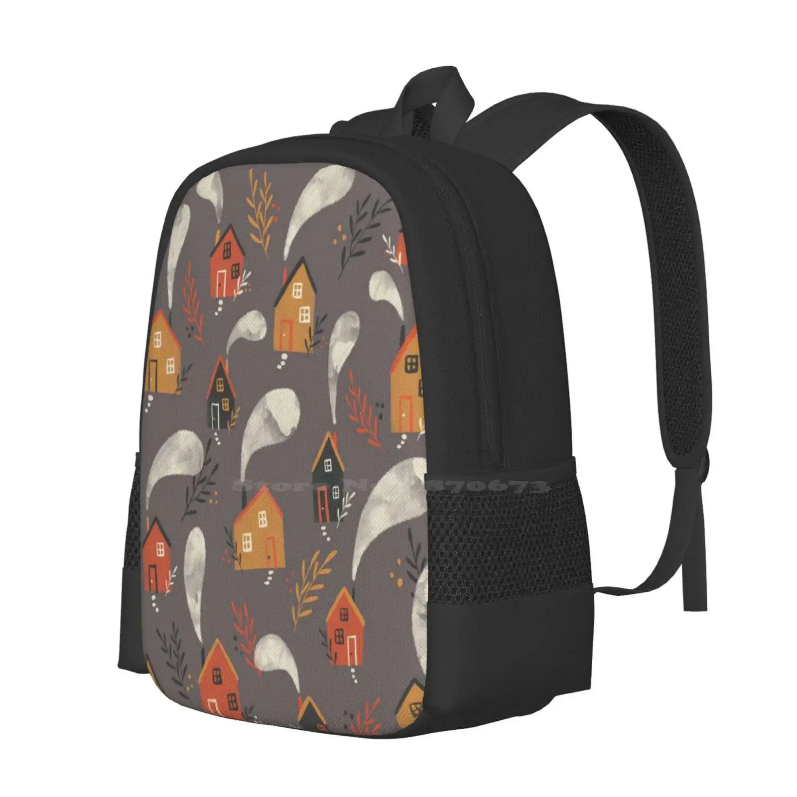 Little Houses | Vintage Fall Pattern On Dark Background Hot Sale Backpack Fashion Bags Retro Little Houses Autumn Colors Fall