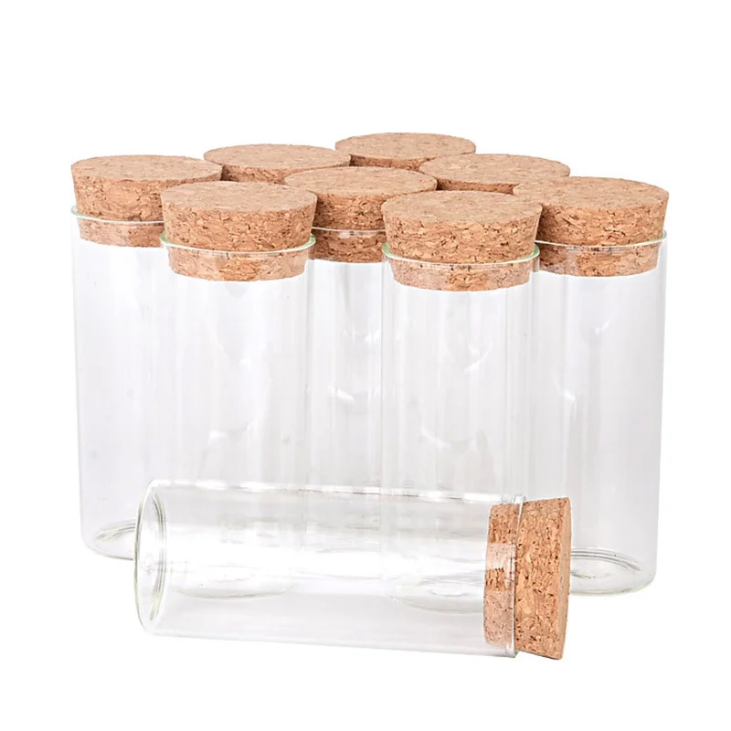 200 pièces Dia30mm 50ml 60ml Tube à essai en verre avec bouchon en liège clair plat Mini bouteilles en verre pots pour cadeaux de fête, bonbons, épices