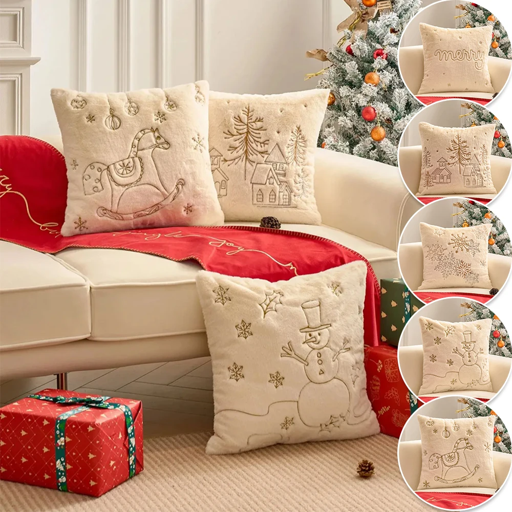 

Christmas Snowman Throw Pillowcases Velvet Embroidery Pillowcase for Sofa Living Room Christmas Decoration Large Back Pillowcase