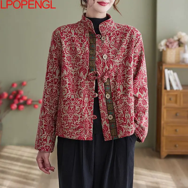 Chinesischen Stil Retro Baumwolle Und Leinen Druck Plus Samt Dicke Baumwolle Mantel frauen Winter Warm Ständer Kragen Einreiher top