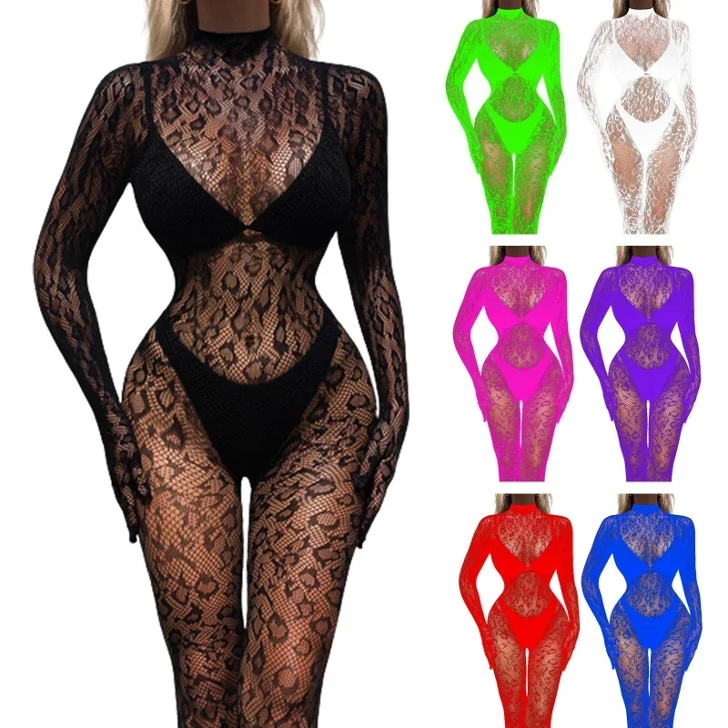 Womens Lace Mesh Lingerie Sleepwear Jumpsuit Fishnet Stockings Pajamas