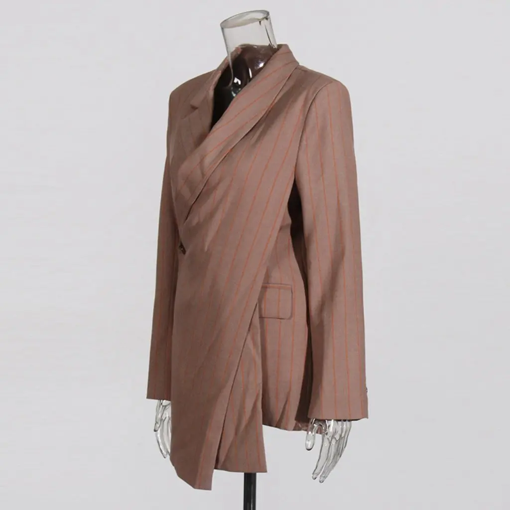 

Women's Designer High-End Suit Jacket Summer New Oblique Lapel Stripesd Asymmetrical Elegant Loose Fit Upperwear