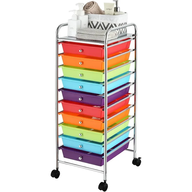 

Storage Cart, Rolling Utility Cart with 10 Drawers, Portable Handles & Lockable Wheels