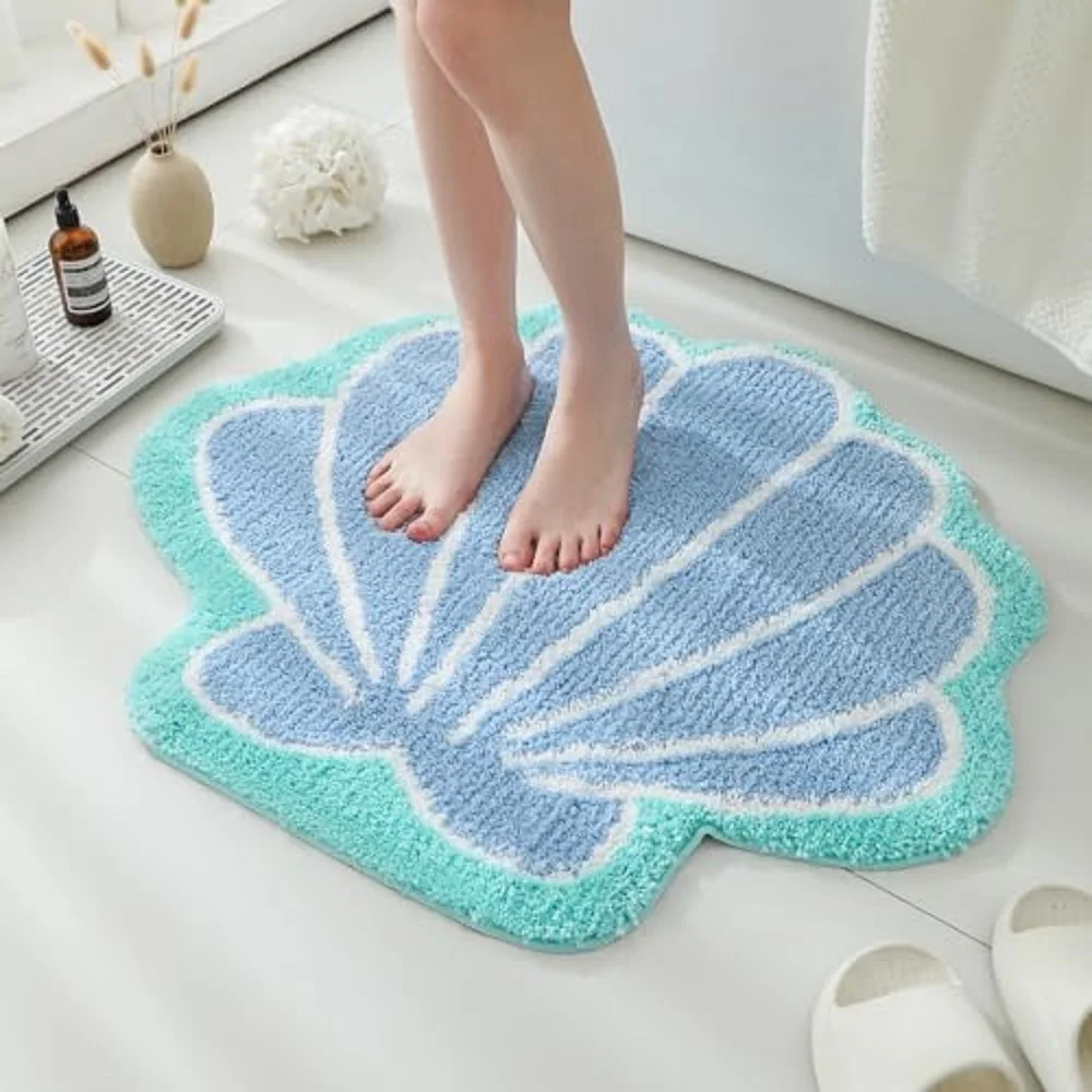 Seashells Bathroom Rug, Blue Bathroom Rugs, Ocean Decor Shell Bath Mat Gifts, Cute Seashell Shaped Bath Rugs for Sea Room Decor