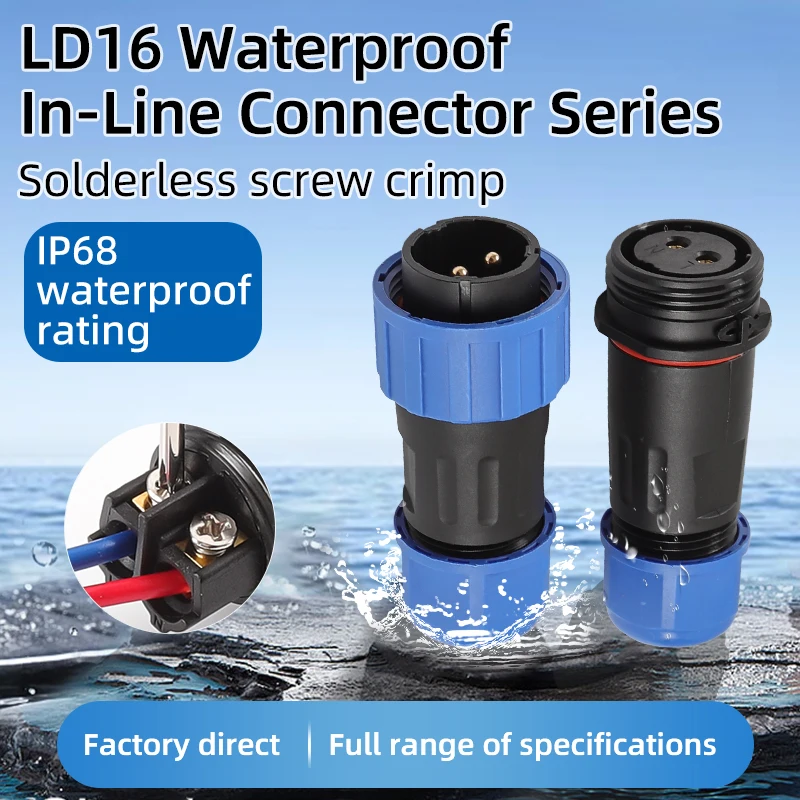 SP16 LD16 Waterproof IP68 Connector Set Male Plug Female Socket 2pin 3pin 4pin Solderless Screw Crimp Cable Wire