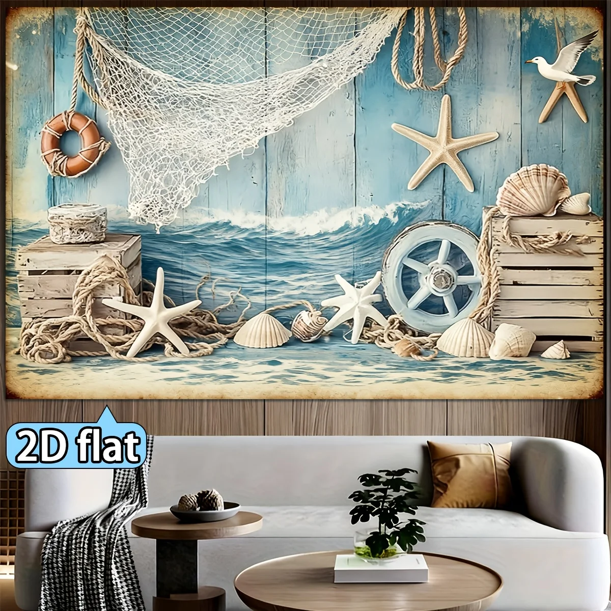 Coastal Nautical Beach Tapestry Wall Mural Boho Seaside Decor Art Print Canvas Living Room Decoration for Shore Home