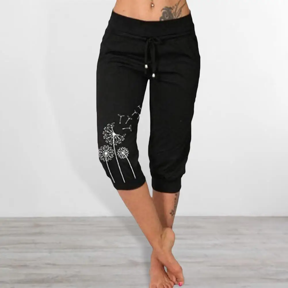 Dandelion Print Women Pants Dandelion Print Drawstring Waist Cropped Pants for Women Casual Sporty Trousers with for Summer