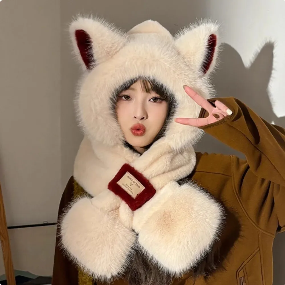 Cute Cartoon Winter Plush Hat 2 IN 1 Anti-cold Animal Ear Scarf Hat Warmer Windproof Ear Protection Cap Cycling