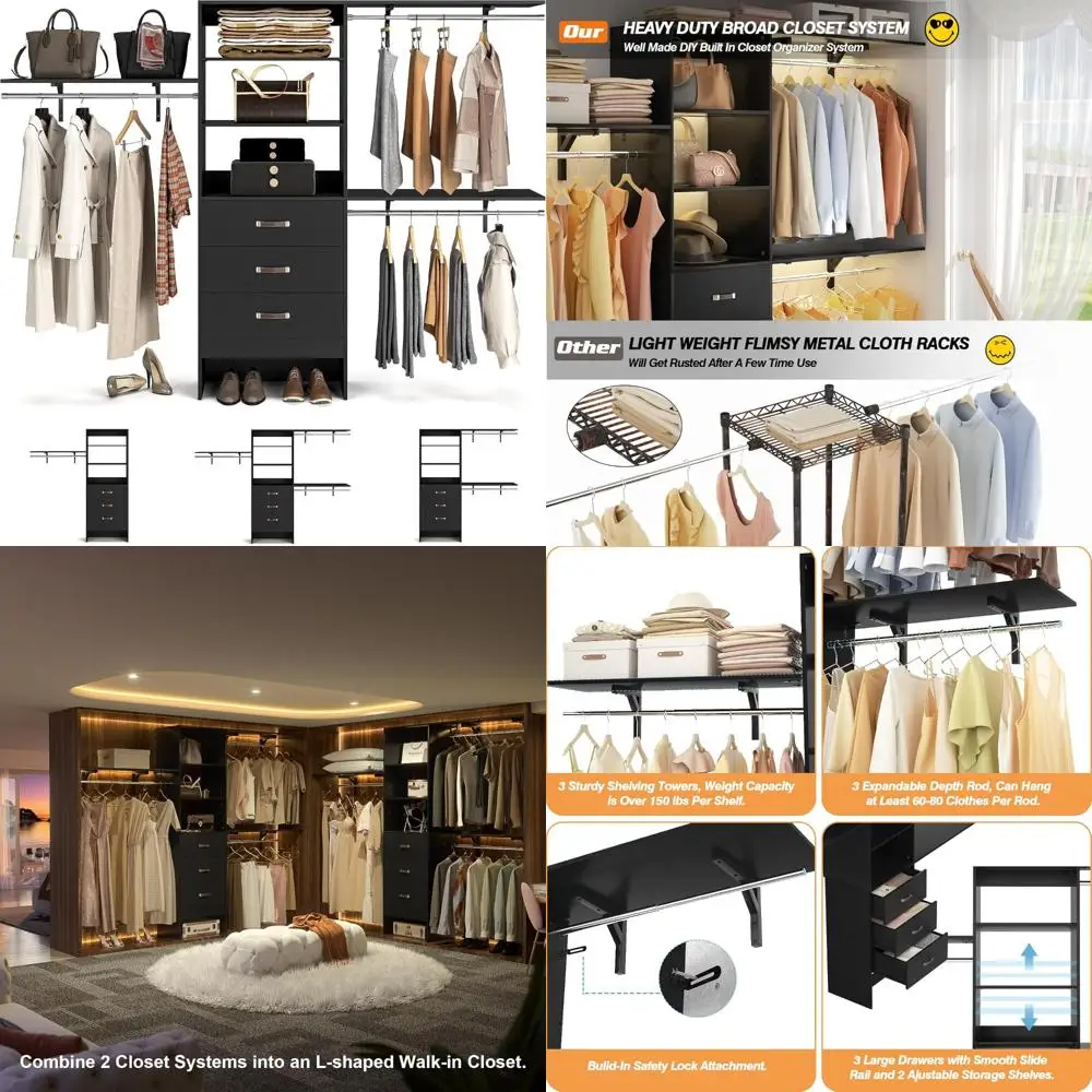 

Armocity 96 Inches Closet System, 8FT Walk In Closet Organizer with 3 Shelving Towers, Heavy Duty Clothes Rack with 3 Drawers, B