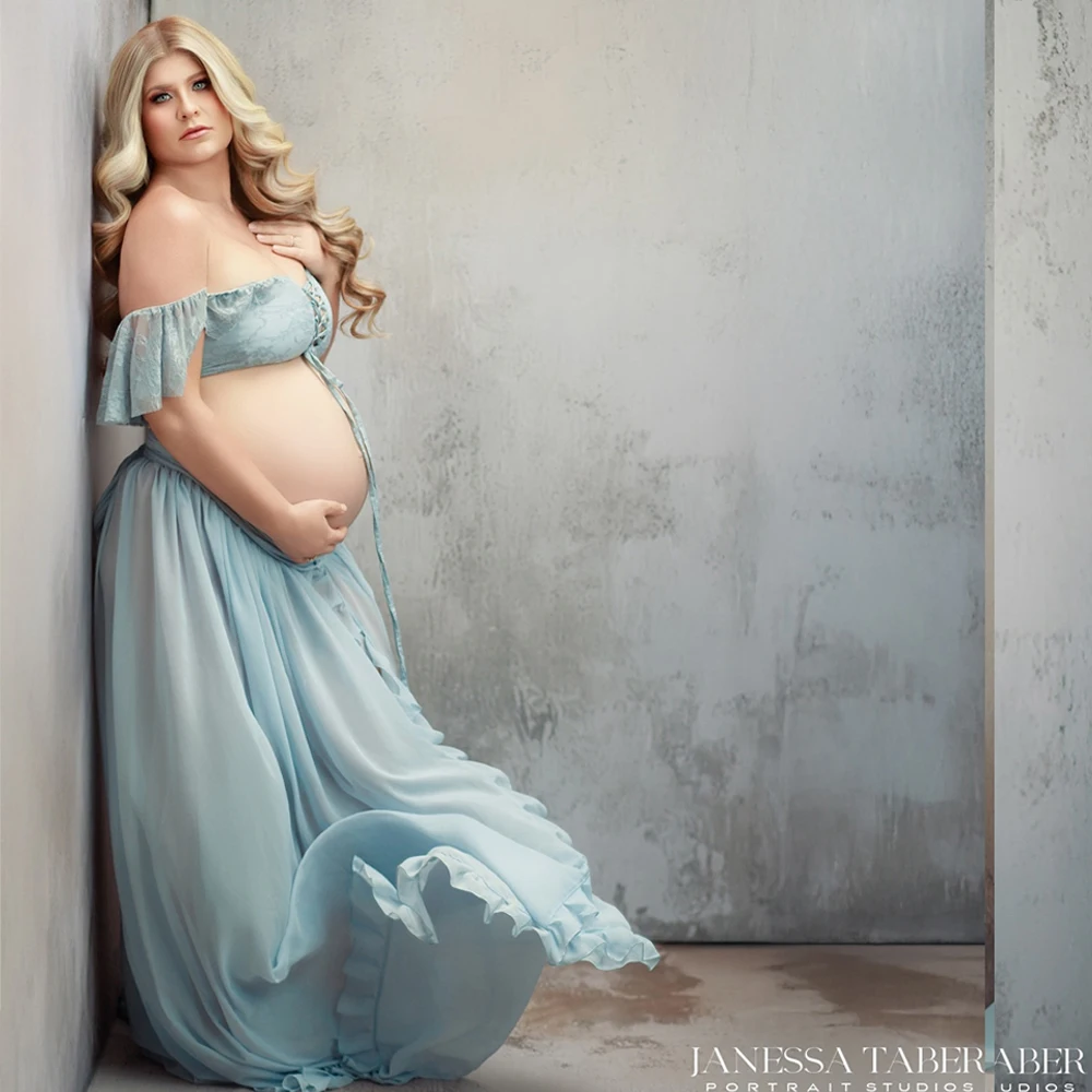 Maternity Dress 2-Piece Set Pregnancy Photoshoot Maxi Gown Sky Blue Off Shouder Lace Top High-Slit Chiffon Skirt For Baby Shower