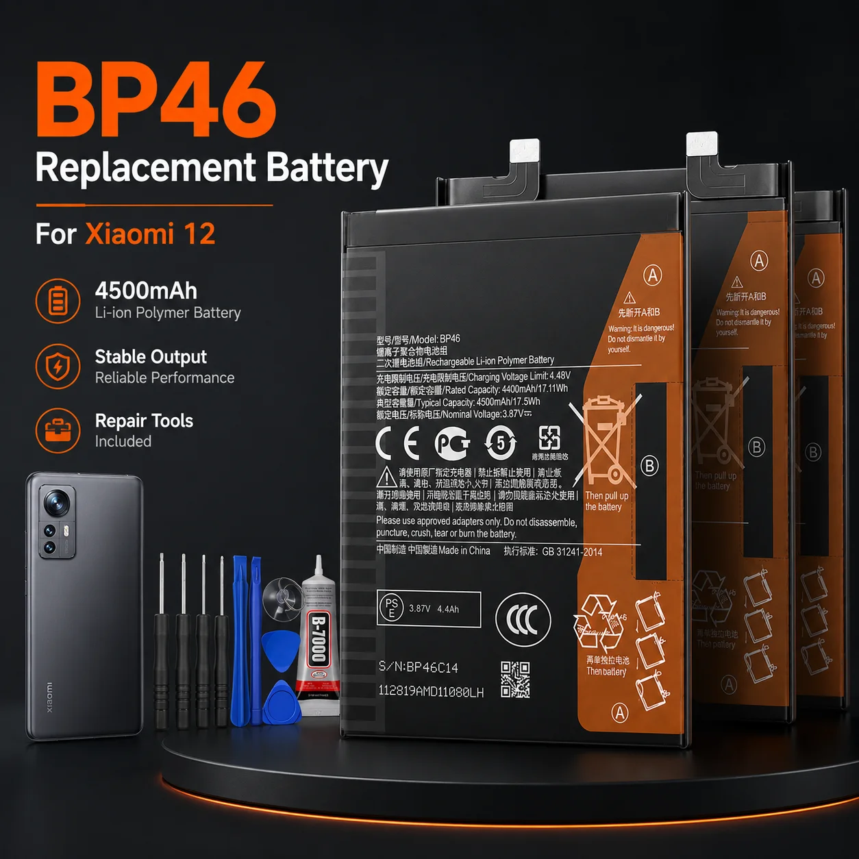 

4500mAh BP46 Battery 67W Fast Charge 100% Original Quality Replacement Battery For Xiaomi 12 12X + Free Tools