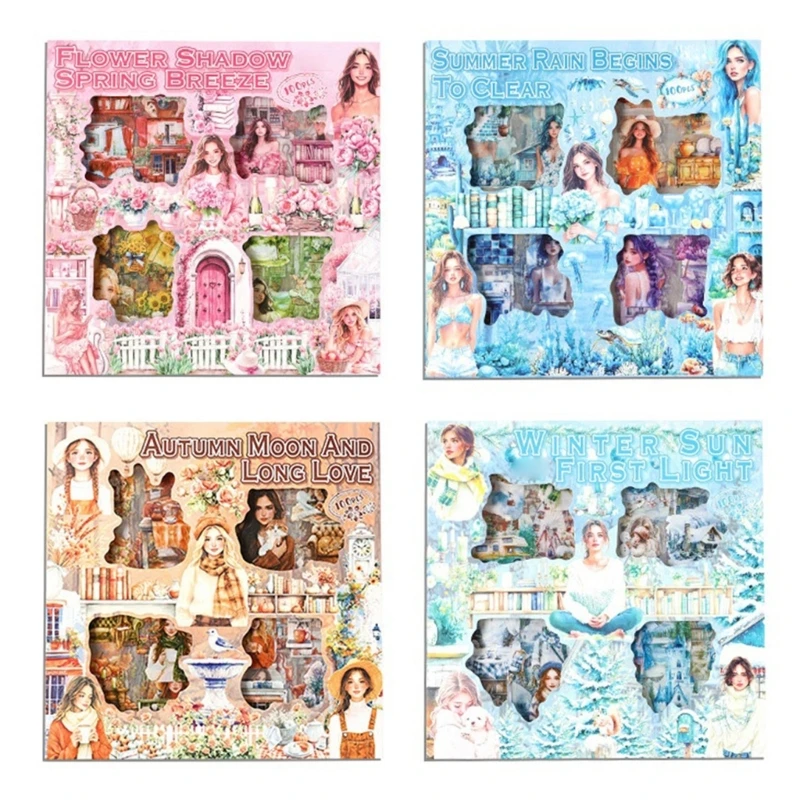 HX6A 100Pcs Sticker Set For Scrapbook Decorations Florals Designs PET Material Kid Craft Box