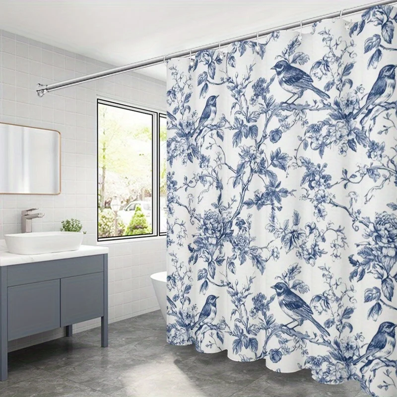 Vintage Style Porcelain Shower Curtain - Blue and White, Birds Design, Includes 12 Hooks, Perfect for Artistic Bathroom Decor